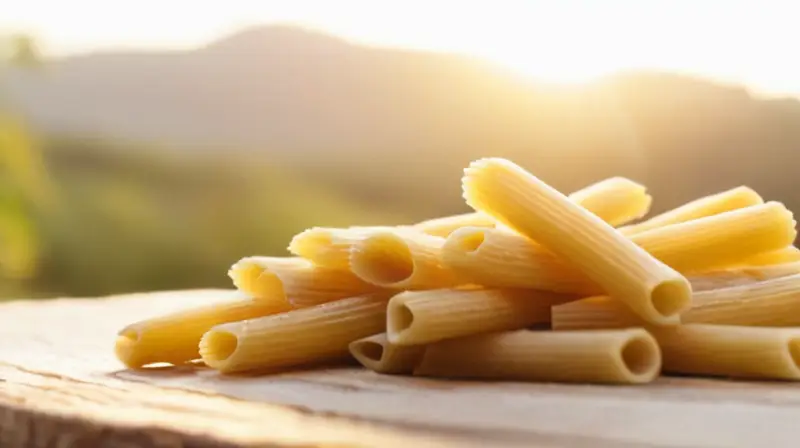 Muestra una close-up de pasta integral en un tabla de madera rústica, iluminada por luz dorada y profunda