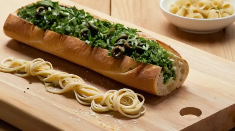 En una mesa de cocina hay productos frescos como pasta, olivas y basilico