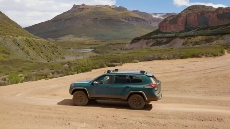 El modelo está rodeado de un terreno montañoso con rocas y malezas escasas bajo un sol disperso