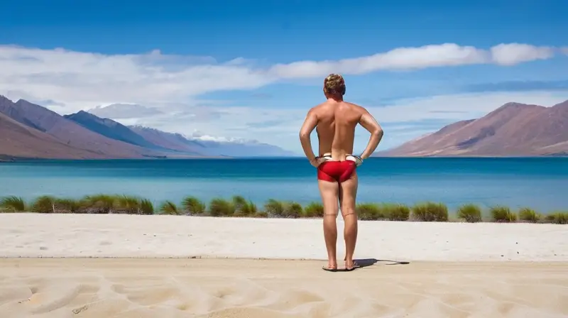 Patrick Lange, corredor en triatlón masculino, se apoya sobre la arena con una bicicleta acostada detrás de él