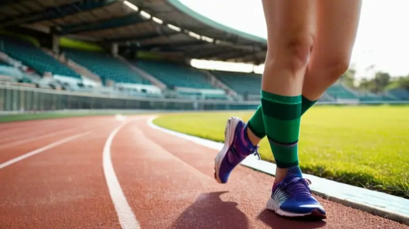 La atleta presenta una expresión determinada y fatigada mientras se prepara para correr sobre un campo verde