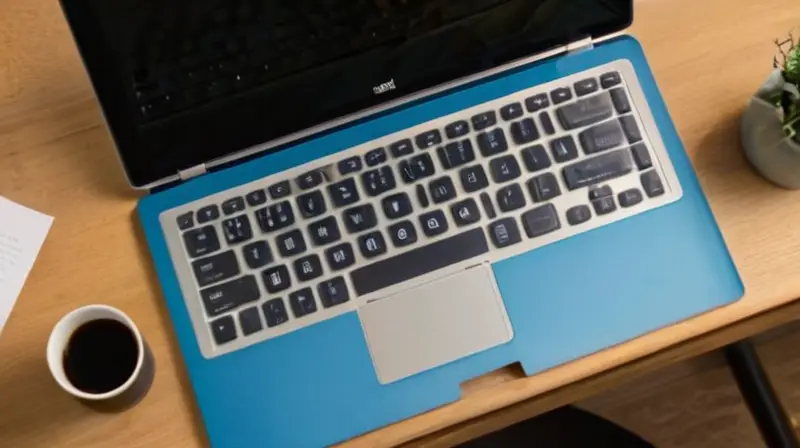 Una persona está sentada frente a una computadora en un escritorio de madera desgastado, con un café antiguo a su lado