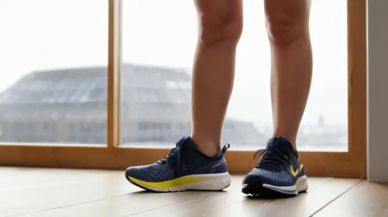 Una mujer joven viste atletismo está de pie frente a un fondo gris con una mirada desgastada y sudorosa