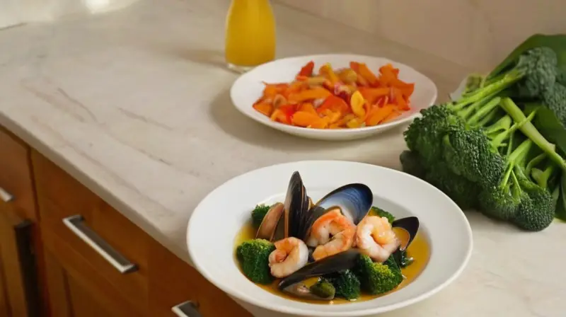 Una foto de una mesa con mariscos cocidos y verduras al vapor en un hogar acogedor