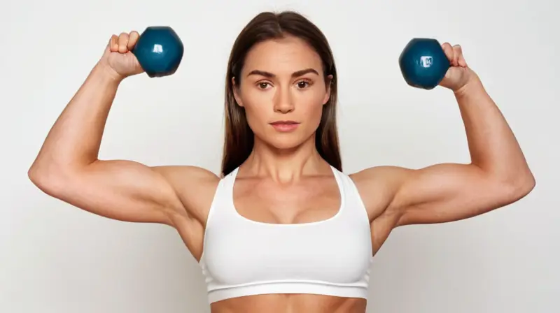 Una joven mujer de 25 años con los músculos tensos sostiene dos kettlebells grandes mientras se enfoca en una posición estática y equilibrada