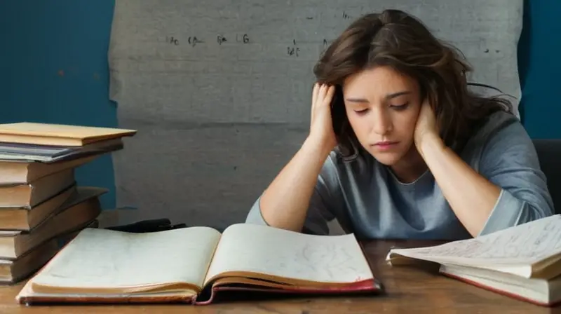 Una joven joven está sentada en una silla, rodeada de papeles, libros y trastos, reflejando un escenario de concentración y posible estrés