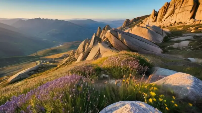 El paisaje de montañas de los Pirineos presenta rocas erosionadas con capas estratificadas en un entorno con praderas escasas y flores silvestres