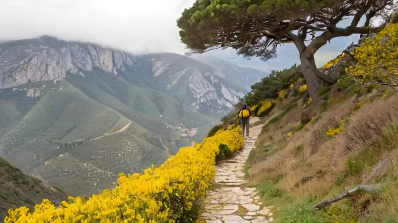 Un sendero empedrado de granito cruza una montaña con tres personas vestidas para caminar entre un entorno boscoso y un cielo nublado andaluz