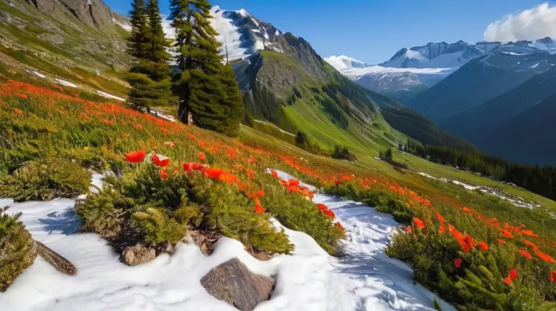 El pico de Pic de lEstanyadar se eleva majestuosamente con una combinación única de nieve, roca granítica y vegetación verde