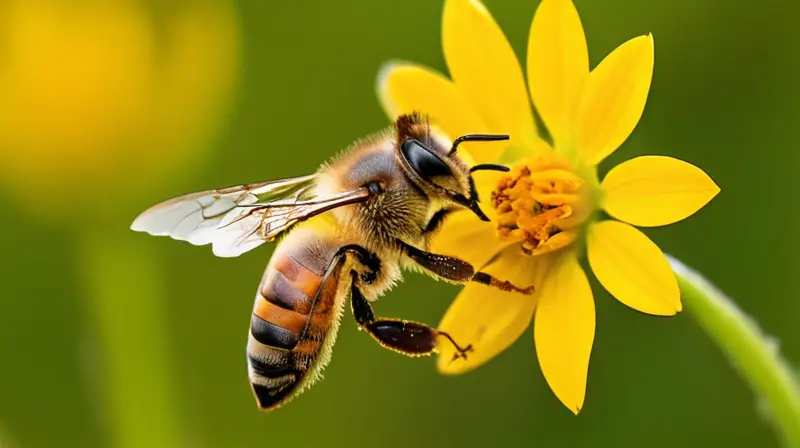 Una abeja africanizada ataja su vuelo sobre una flor amarilla