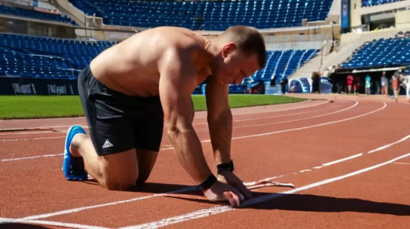 Un joven atleta de aspecto atlético está preparándose para saltar en un campo de deporte desgastado