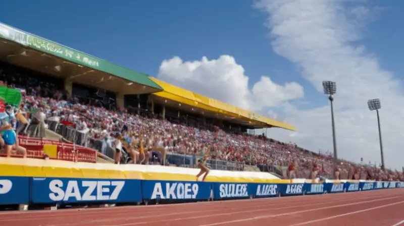 Tres atletas, con expresiones decididas y músculos tensos, están en la pista de entrenamiento, esperando a que la carrera comience