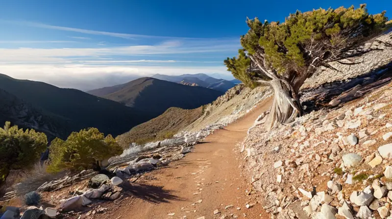 Un sendero serpentea por un terreno escarpado hacia una montaña con vistas impresionantes del entorno