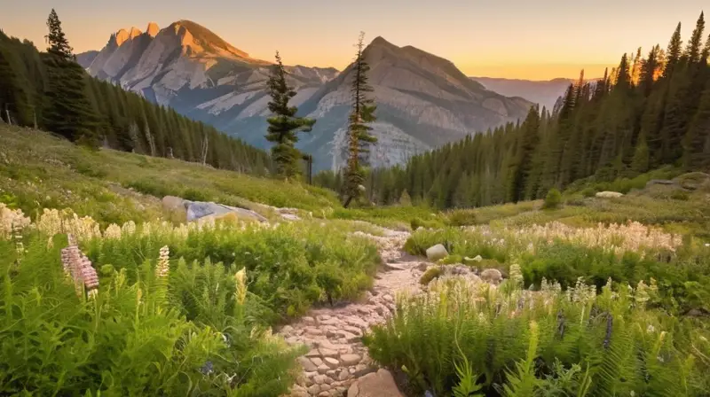 La imagen muestra un paisaje natural de montañas de granito cubiertas de una densa y verde selva, iluminadas por la luz del amanecer