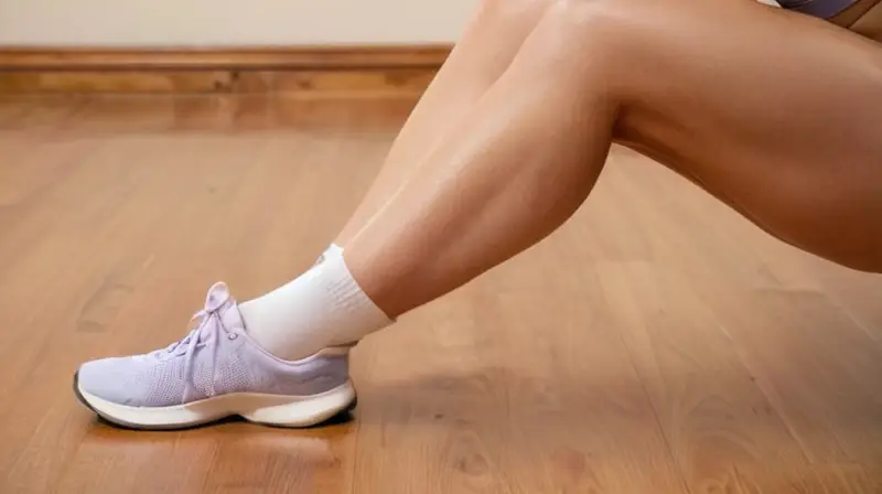 Una mujer con cuerpo bien definido está en una posición de squat, vestida con ropa deportiva y sosteniendo un par de mancuernas