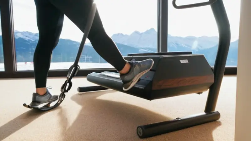 Una mujer entrena en una máquina de esquí nórdico con sudor y músculo en ejercicio