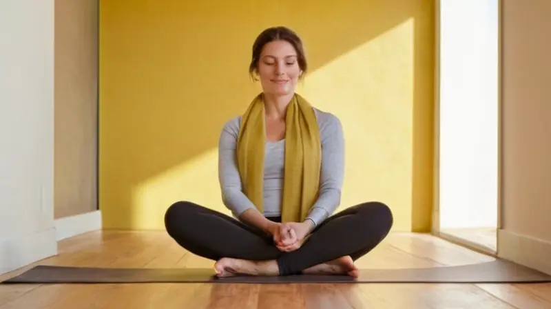 Una mujer relajada y serena se sienta en un yoga mate sobre una suave madera, con expresión calmada y sonrisa sutileza dibujada