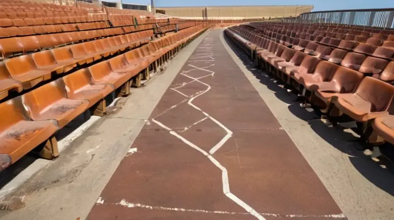 Un circuito asfáltico gastado rodeado de terrazas de concreto y sombras suaves bajo una luz solar brillante