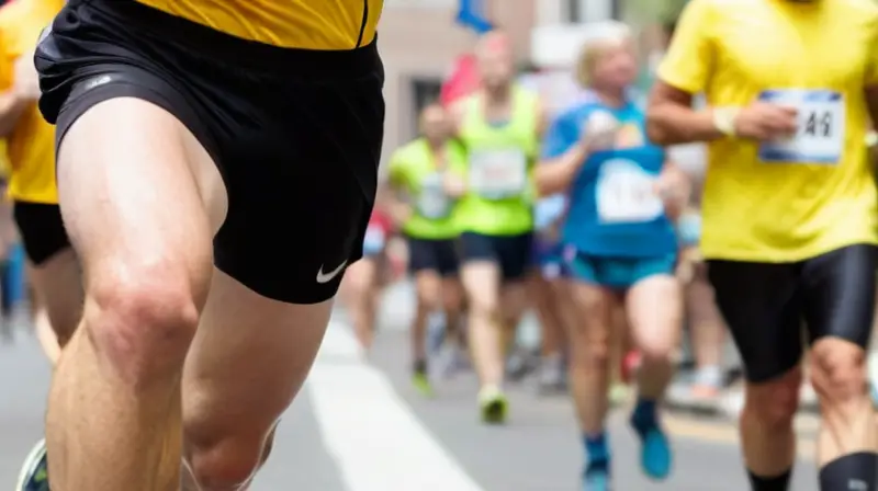 Un hombre cansado pero triunfante se alza ante el público después de cruzar la meta del maratón