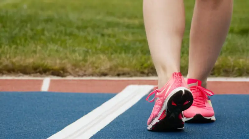 Una caminista atlética con músculos poderosos y flexibles, cubiertos por una piel pálida, corre hacia el fin de la pista