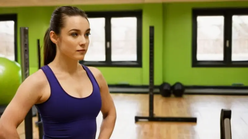 Una mujer se refleja en el espejo de un gimnasio con expresión de esfuerzo y sudor