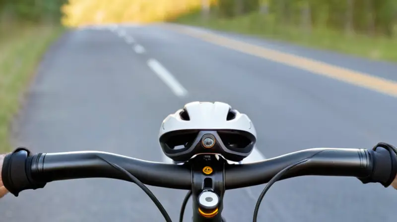 Un ciclista vestido con un jersey blanco y azul marino navega en bicicleta por una carretera serpenteante rodeada de montañas a la altura del horizonte