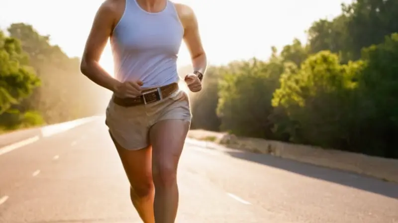 Una persona corre por una calle de asfalto caluroso con el sol del golden hour iluminando su cuerpo cubierto en sudor