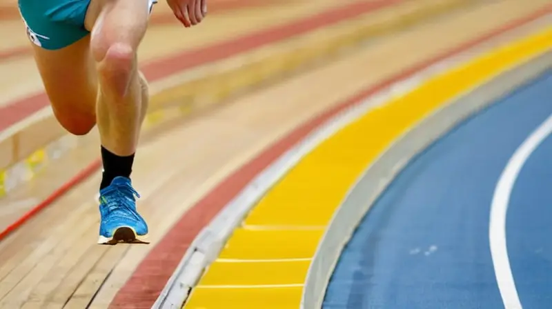 En una piscina de velocidad con luces fluorescentes, Jakob Ingebrigtsen corre veloz hacia la meta con concentración intensa a través del recinto iluminado por sol y lentejuelas laterales