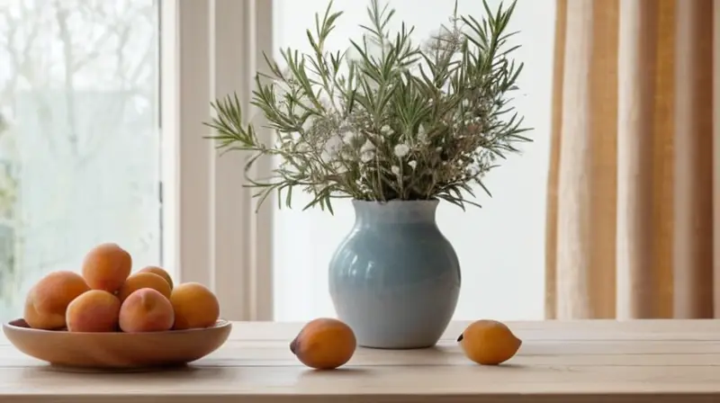 Una mesa de madera con un jarrón de higos secos y almendras está colocada frente a una ventana con cortinas suaves que filtran la luz natural