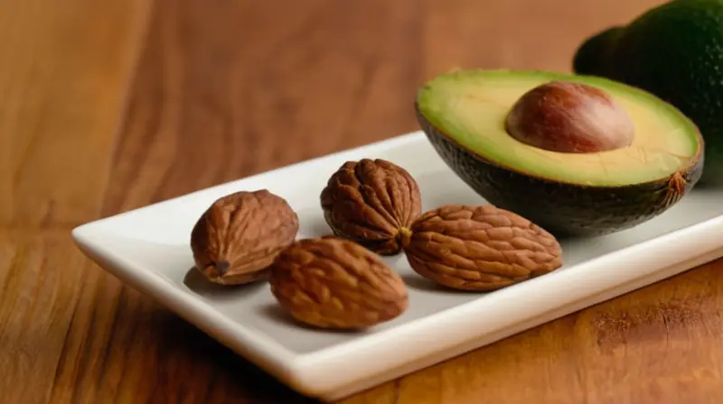 Se presentan nueces (almendras y nuez) junto a un trozo de aguacate sobre una mesa de madera desgastada bajo luz cálida