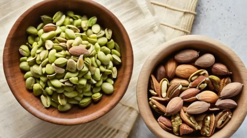 Se muestra una mesa con alimentos saludables preparados, como nueces y semillas variadas