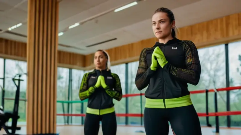 Dos atletas, un hombre y una mujer, compiten en la pista de gimnasio bajo una suave iluminación dorada