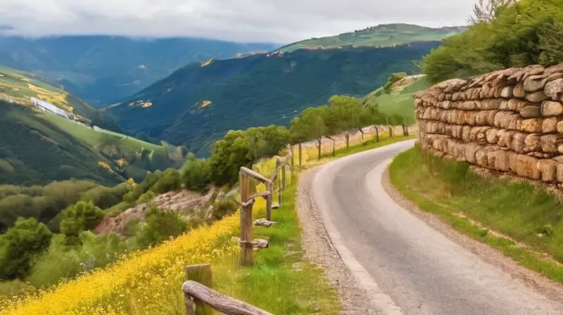 El camino de El Porto Viejo en Aragón, España, es una carretera empinada que serpentea por la montaña con un paisaje característico de piedras, maleza y árboles