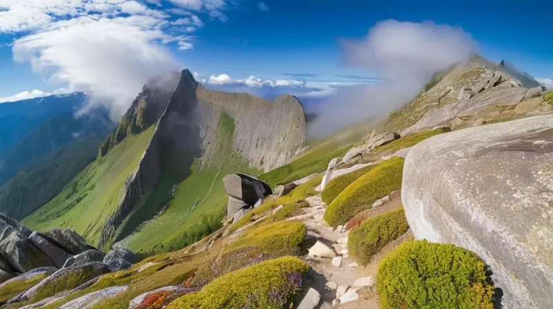 Un paisaje montañoso empapa la vista con su terreno áspero y árboles verdes que se estiran hacia las rocas graníticas