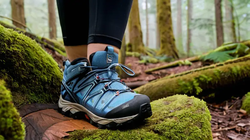 Se muestra un paisaje de montaña en un sendero forestal con una mujer caminando con botas de senderismo