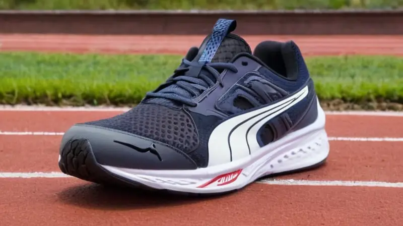 Se ven dos zapatos de atletismo Puma Nitro Hyrox, sucios pero brillantes, colocados en línea con la pista de correr