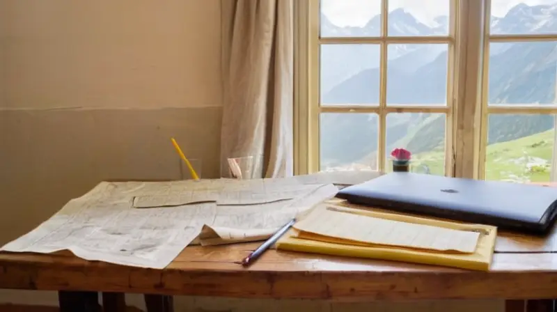 Una mesa desordenada con papel, papeletas y lápices rodeada de paredes grises con mapas gastados