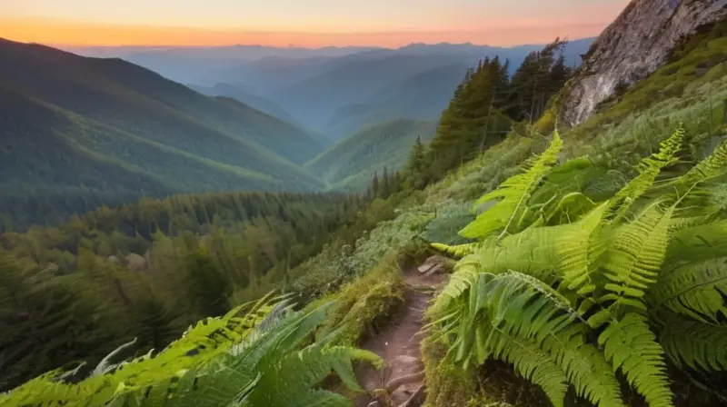 La escena muestra un sendero de montaña con un caminante en la distancia descendiendo por una senda empedrada mientras el valle se sume en una neblina fina