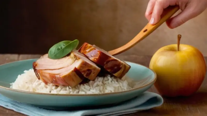 Una manito humana sostiene un delicioso manzana sobre una mesa rústica con alimentos casados para un almuerzo reconfortante