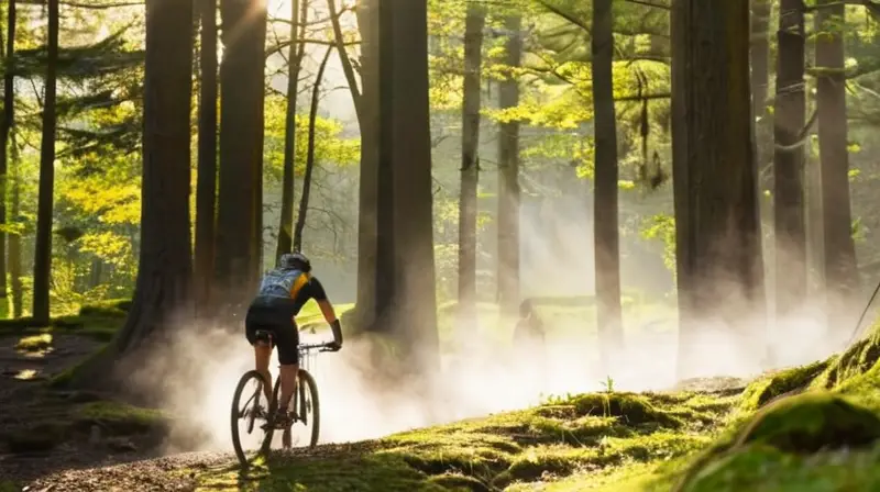 Un ciclista de montaña se sienta en un terreno rocoso, con su bicicleta parcialmente sumergida en agua y rodeado de una paisaje naturaleza deslumbrante