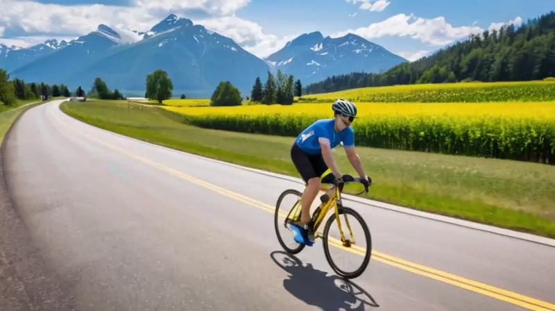 Un ciclista circula sobre el asfalto gris en un paisaje que mezcla tierras verdes y maderas oscuras bajo un sol en el horizonte