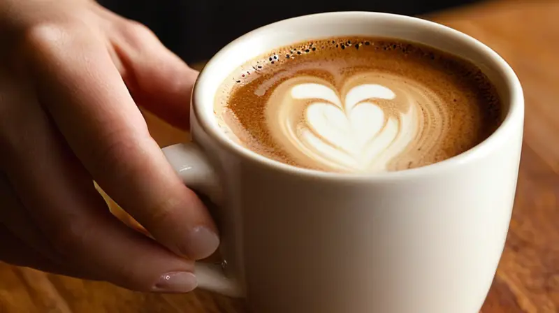 Una joven sostiene una taza de café en una mesa de madera desgastada bajo la suave luz del sol