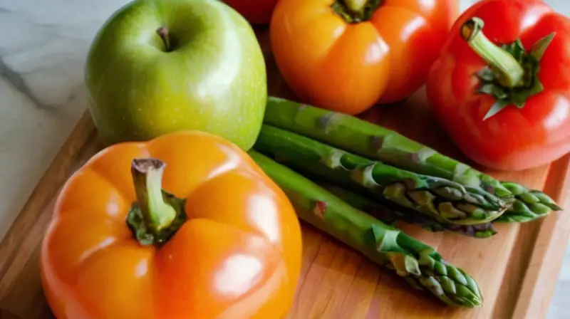 Un reflejo de colores vibrantes y frescura en una mesa de madera con frutas y verduras dispuestas a la vista