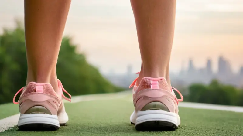 Una mujer joven y atlética se prepara para correr en un estadio verde con una mirada decidida y anticipación