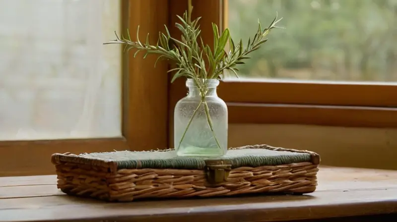 Una mesa vieja y desgastada está decorada con una cesta de eucalipto y jazmín, mientras que un recipiente gotea sobre un banco cercano