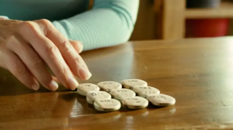 Una mujer de mediana edad sostiene con suavidad entre los dedos un vitamina sobre una mesa antigua