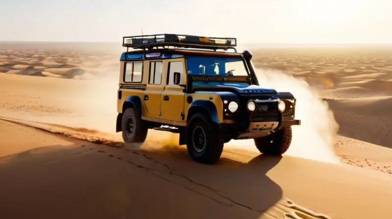 Un Land Rover Defender en un paisaje africano desértico está rodeado de dunas de arena y texturas de rocas