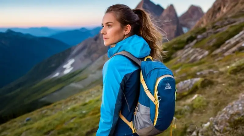 Una mujer camina por un sendero montañoso con su equipado completo de trekking, destacando la resistencia y elegancia de su figura