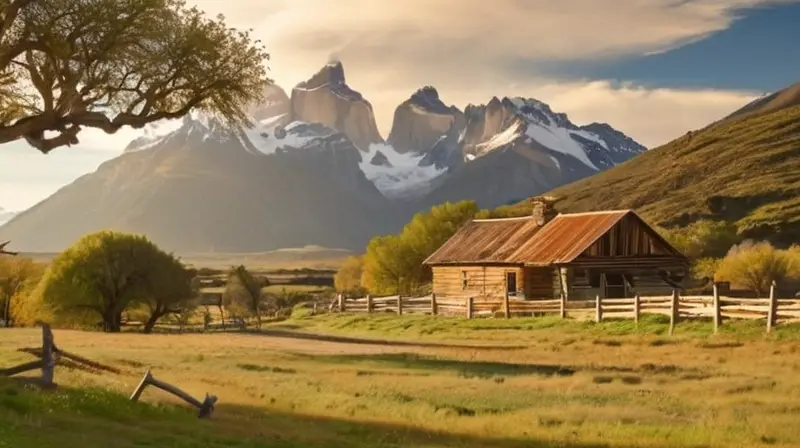 En el paisaje de la Patagonia hay granjas rústicas cerca montañas nevadas en un ambiente pastoral con florecillas y riachuelos