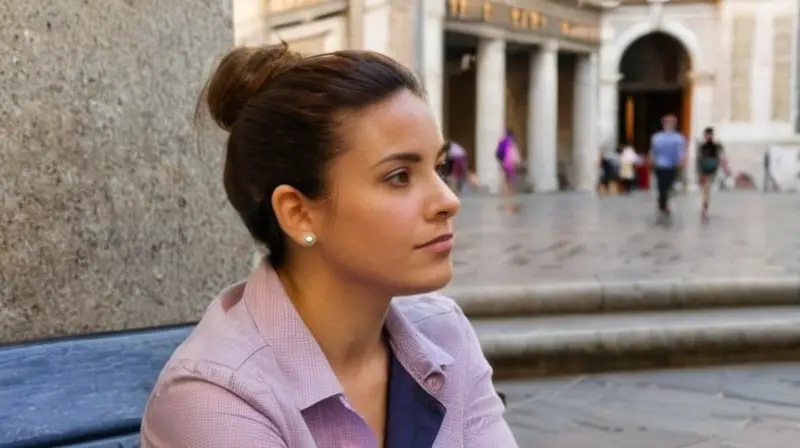 Una mujer de la cuarentena con melena negra recuesta sobre una bancada de piedra gris en Puerta del Sol, leyendo un periódico con gran titular sobre Raquel González